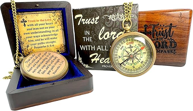 Bible Verse Brass Compass – “Trust in The Lord with All Your Heart” (Proverbs 3:5-6) | Religious Gifts for Men, Women, Boys, Girls, Teens | Daily Encouragement, Easter, Baptism, Faith-Based Keepsake
