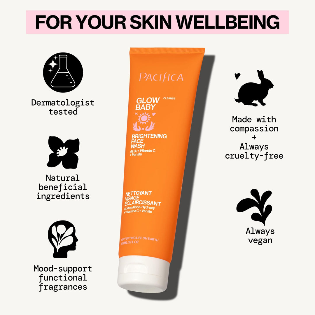 Pacifica Glow Baby Brightening Facial Cleanser 5oz – Vitamin C & Glycolic Acid (AHA) Face Wash for Radiance – Daily Cleanser for Anti-Aging Exfoliating for Smooth, Even Glowing Skin Vegan Clean Beauty