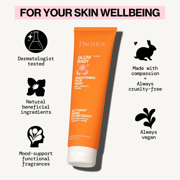 Pacifica Glow Baby Brightening Facial Cleanser 5oz – Vitamin C & Glycolic Acid (AHA) Face Wash for Radiance – Daily Cleanser for Anti-Aging Exfoliating for Smooth, Even Glowing Skin Vegan Clean Beauty