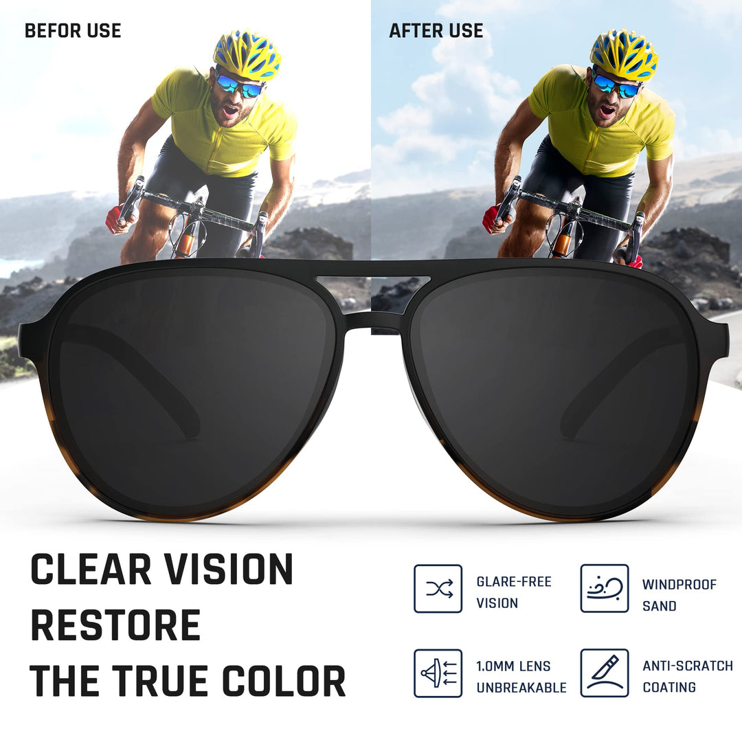 TOREGE Polarized Sunglasses For Men Women Aviator Sunglasses, Lightweight Sports Sun Glasses UV400 Protection For Driving Cycling Fishing Boating Beach Golf TR75 (Black Amber&Black&Gray Lens C3)