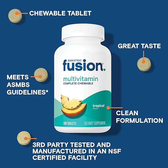 Bariatric Fusion Bariatric Multivitamin with Iron Complete Chewable | Tropical Flavor | Post Bariatric Vitamins for Gastric Bypass and Sleeve Gastrectomy | One Month Supply
