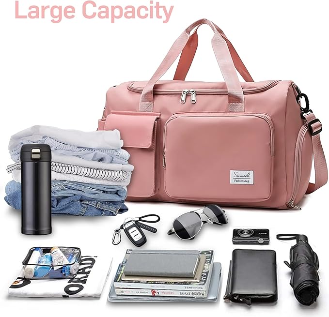 Travel Yoga Duffel Bag with Shoes Compartment Sports Gym Handbag with Dry Wet Separated Pocket for Training Men and Women, Overnight /Weekender Bag - Pink