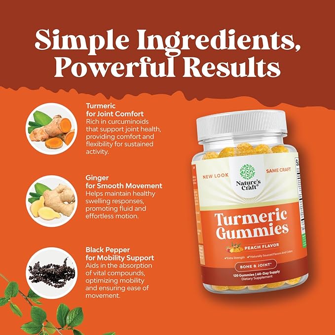 Turmeric Gummies for Adults Peach Flavor - Extra Strength Joint Support Gummies with Turmeric Curcumin with Black Pepper Extract and Ginger - and Ginger Peach Vitamins for Adults