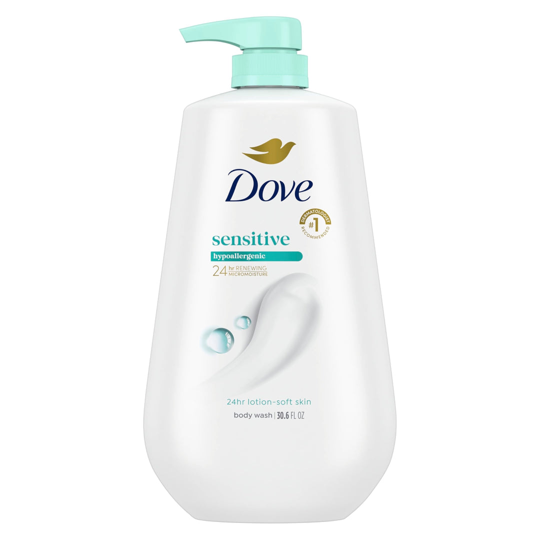 Dove Body Wash with Pump Sensitive Skin For 24hr Lotion-Soft Skin Moisturizing Skin Cleanser Gentle Hypoallergenic Formula with No Sulfates No Parabens 30.6 oz