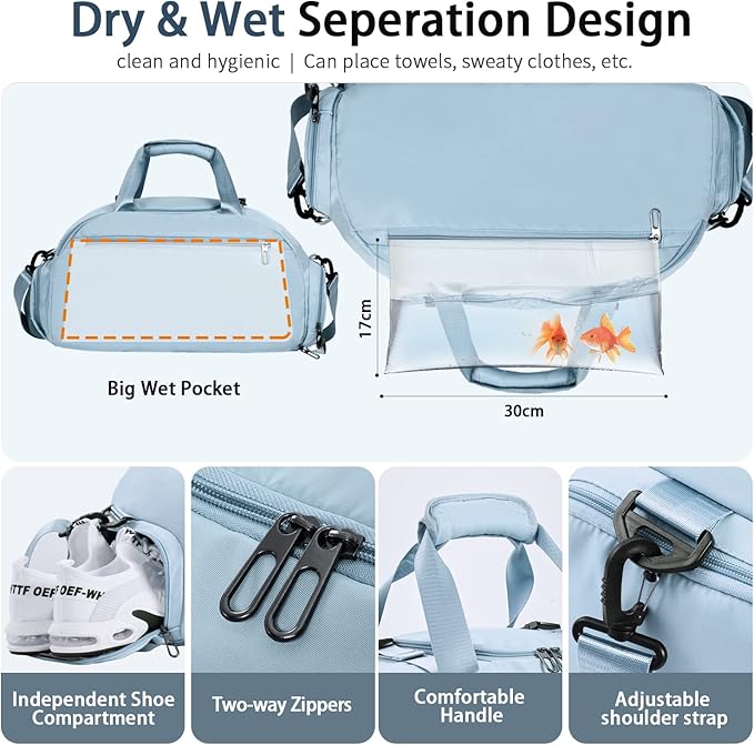 FIORETTO 30L Sports Gym Duffle Bag with Wet Pocket & Shoe Compartment, Weekender Hospital Overnight Bag for Women, Sports Holdall Backpack