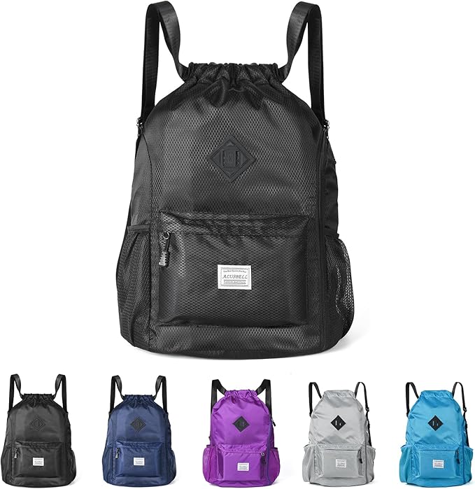 ALUSBELL Large Drawstring Backpack Bag, Sports Gym Bag String Sackpack with Shoes Compartment, Waterproof String Bag Cinch for Women Men(Black)