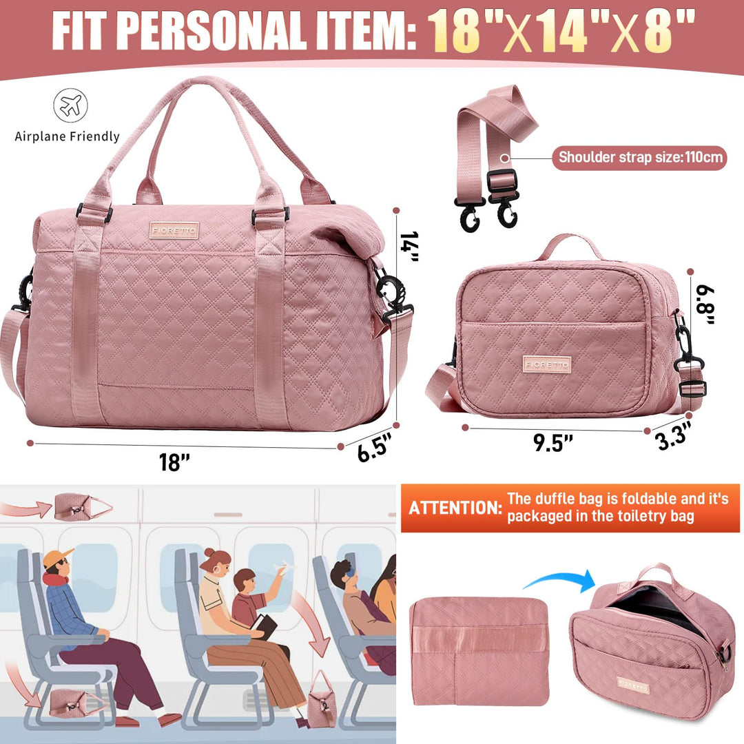 FIORETTO Women's Water-Resistant Travel Gym Duffle Bag with Detachable Strap, Multi-Functional, Ideal for Travel, Gym, Sports, Weekender, DUffel, with Toiletry Bag, Pink