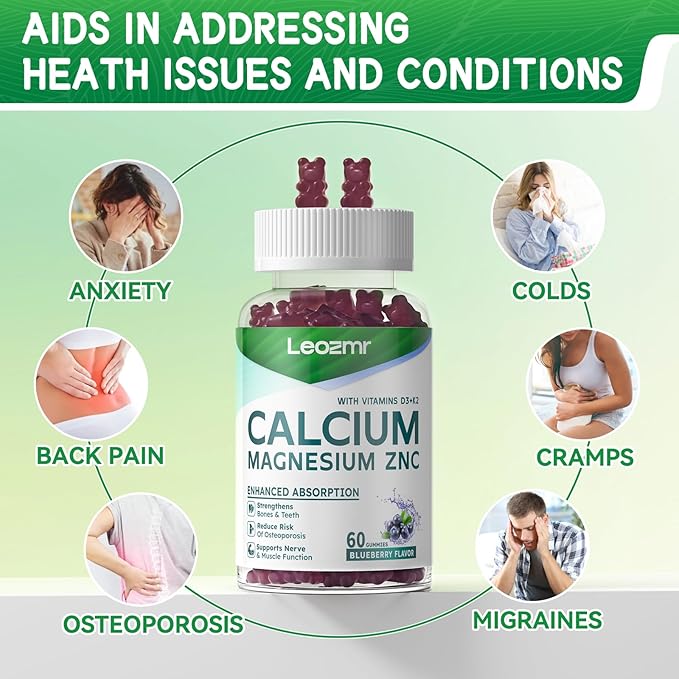 Calcium Magnesium Zinc Gummies with Vitamin D3 & K2 - High Potency Enhanced Absorption -60 Blueberry Gummies Flavored