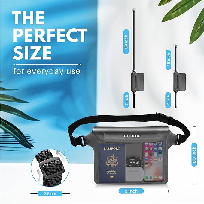 2-Pack Waterproof Fanny Pack, Phone Pouch with Waist Strap, 9x6.7 Inch Dry Bag for Phone, Cash, and Valuables – for Swimming, Kayaking, Boating, Snorkeling, and Water Sports (2, Grey + Grey)