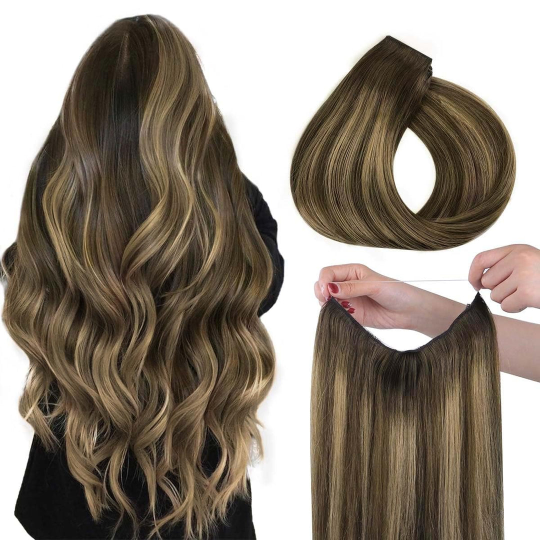 Hotbanana Wire Hair Extensions, 18 Inch 95G Chocolate Brown To Caramel Blonde Invisible Fish Line Real Human Hair Extensions Str