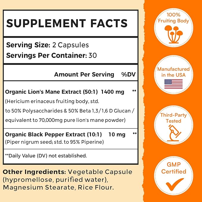 70,000mg Lions Mane Supplement Capsules - 50X Strength Potency Lions Mane Supplement Extract, 50% Polysaccharides & Beta - 180 Caps