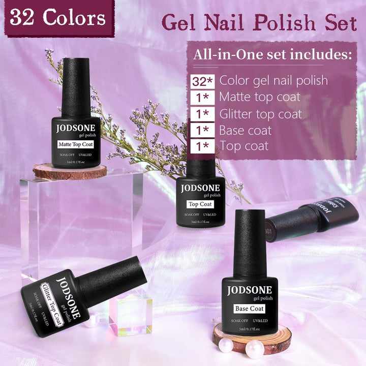 32+4 Pcs Gel Nail Polish Kit | Glitter Soak Off Gel for DIY Manicure