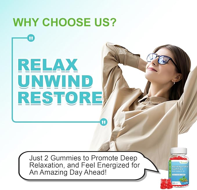 2 Pack Ashwagandha Gummies & Vitamin D Gummies for Women & Men - with Vitamin C for Support Calm Mood, Relaxation & Immune, Mixed Berry 60 Cts