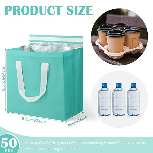 50 Pcs Insulated Take Away Bags Bulk Thermal Insulation Food for Coffee Milk Tea Hot Cold Food Fresh Seafood Cooler Pizza Delivery Bags for Catering Restaurant Grocery (Light Green)
