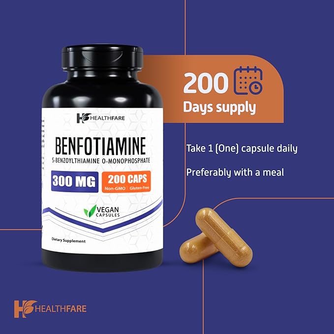 Benfotiamine 300mg | 200 Veg Capsules | Enhanced Absorption | Supports Overall Health | Increased Bioavailability