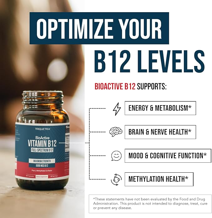 BioActive Vitamin B12 - 5000 mcg, Contains 3 BioActive B12 Forms Plus Methylfolate Cofactor - Methyl B12, Adenosyl B12 & Hydroxy B12 | Supports Energy, Metabolism & Mood | Vegan, Non-GMO (60 Servings)