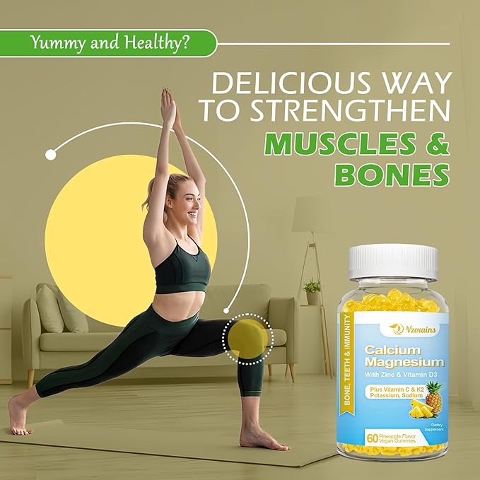 High Absorption Calcium Gummies, Sugar Free Calcium Magnesium Gummies with Vitamin D3 for Men and Women, Pineapple Flavor 60 Cts