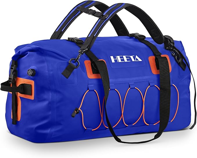 HEETA Waterproof Duffel Bag Motorcycle Dry Bag Backpack, Extra Large Rolltop Travel Duffle Bags with Straps & Handles for Kayaking Rafting Boating Canoeing Camping Gym Beach (Blue, 80L)