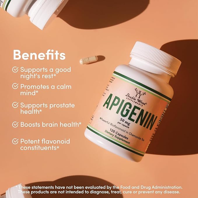 Apigenin Supplement - 50mg per Capsule, 120 Count (Powerful Bioflavonoid Found in Chamomile Tea for Relaxation, Sleep, and Mood) Senolytic Flavonols for Aging (Gluten Free) by Double Wood