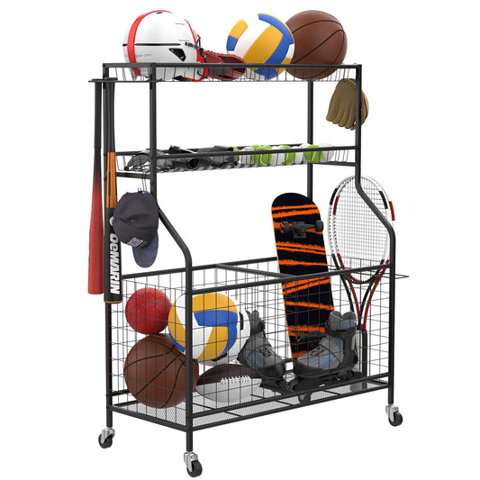 WALMANN Garage Sports Equipment Organizer, Ball Storage Rack Indoor/Outdoor Kids Toys Storage Organizer Bins, Rolling Ball Cart with Baskets and Wheels