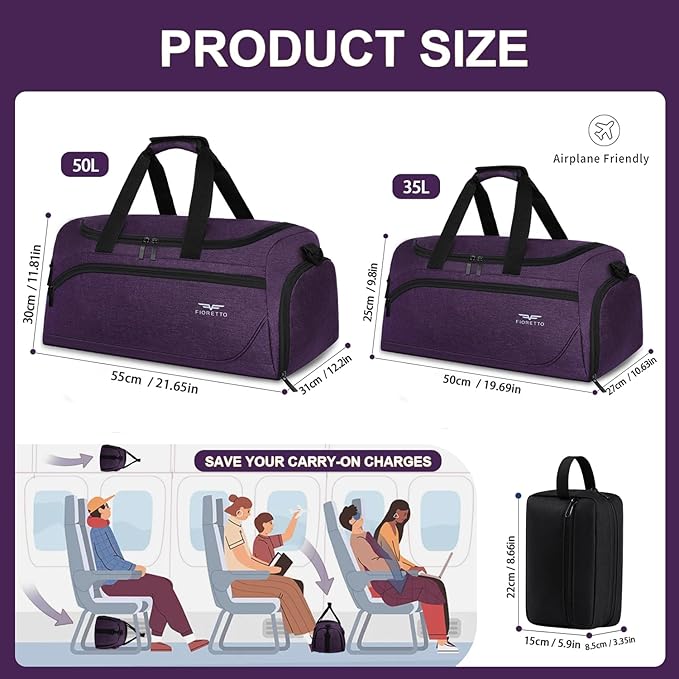 FIORETTO 35L Mens Sports Gym Bag with Toiletry Bag & Shoe Compartment, Travel Duffle Bag Overnight Bag with Padded Shoulder Strap, Sports Holdall for Swimming, Basketball Purple