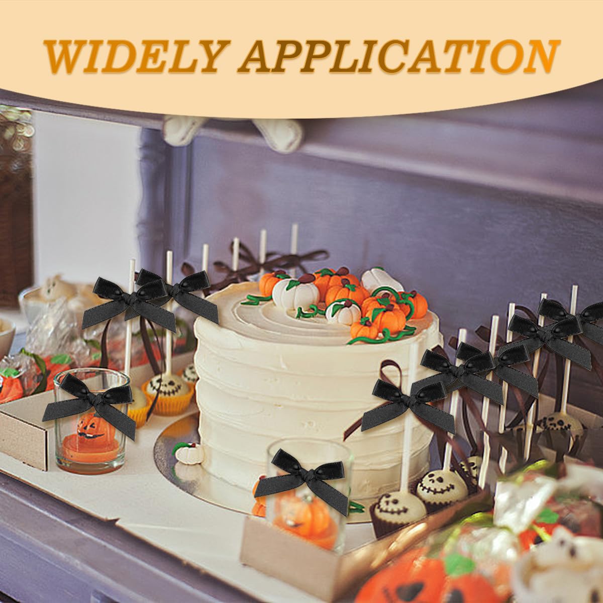 100 PCS Tiny Black Bows, Premade Satin Ribbon Bows Gift Wrapping Invitation Card Decoration Mini Polyester French Flower Bow DIY Crafts Small Cute Bows for Treat Bags Cake Pops Candy Wedding Favors