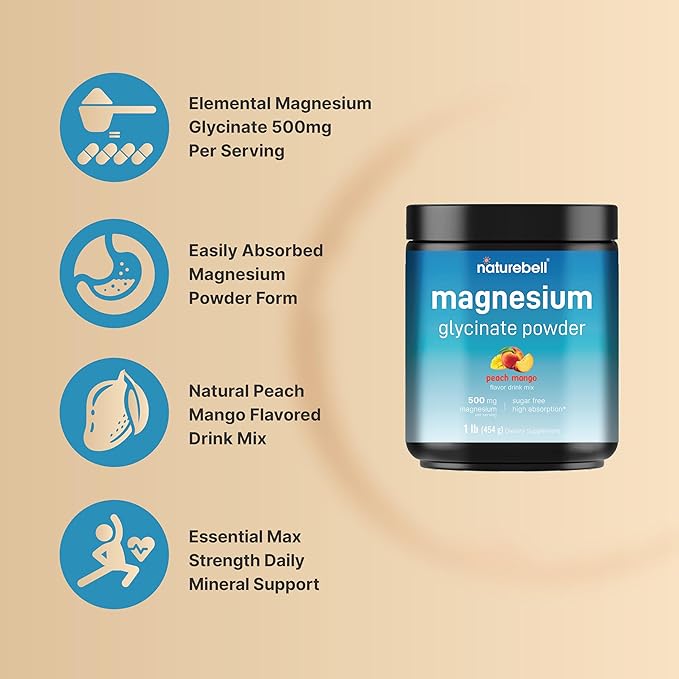 Magnesium Glycinate Powder for Sleep & Relaxation, 1lb (16oz) | 500mg Chelated for High Absorption | Peach Mango Flavor | Muscle & Bone Support | Sugar-Free, Bitterless, Non-GMO, Vegan
