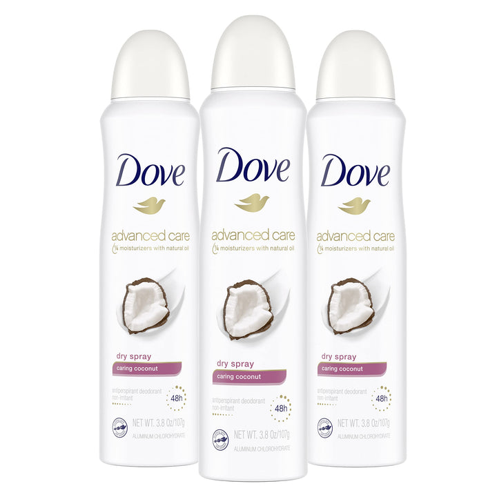 Dove Advanced Care Dry Spray Antiperspirant Deodorant Caring Coconut 3 Count For Women With 48 Hour Protection Soft And Comfortable Underarms 3.8 oz