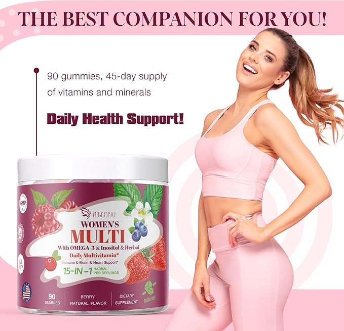 Sugar-Free Women’s Multivitamin Gummies, Packed with Inositol, Omega-3, Prebiotics, CoQ10 & Key Vitamins (A, C, D3, E, B12) – Supports Heart, Brain, Gut, Energy & Immune Health*