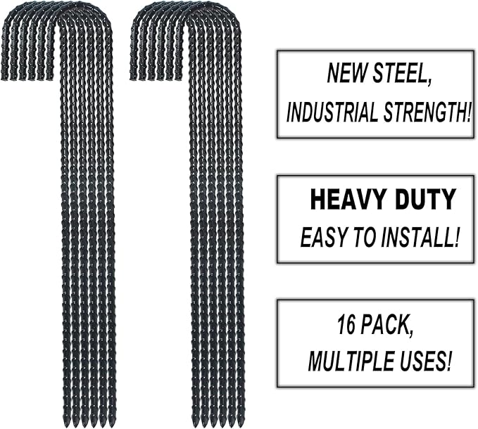 16 Inch Ground Rebar Stakes, J Hook Extra Heavy Duty Rust Proof Coated Steel Ground Anchors with Chisel Point End for Camping Tent and Canopy Tent (16)