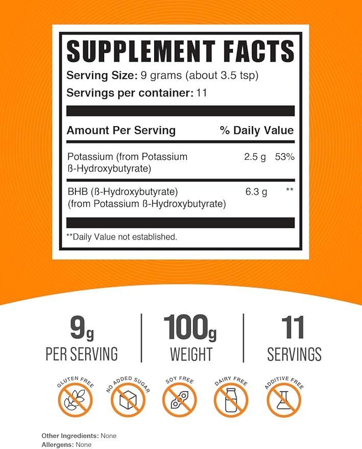 BulkSupplements.com Potassium BHB Powder - Beta-HydroxyButyrate Powder, BHB Supplement - Unflavored & Gluten Free, 9g per Serving, 100g (3.5 oz) (Pack of 1)