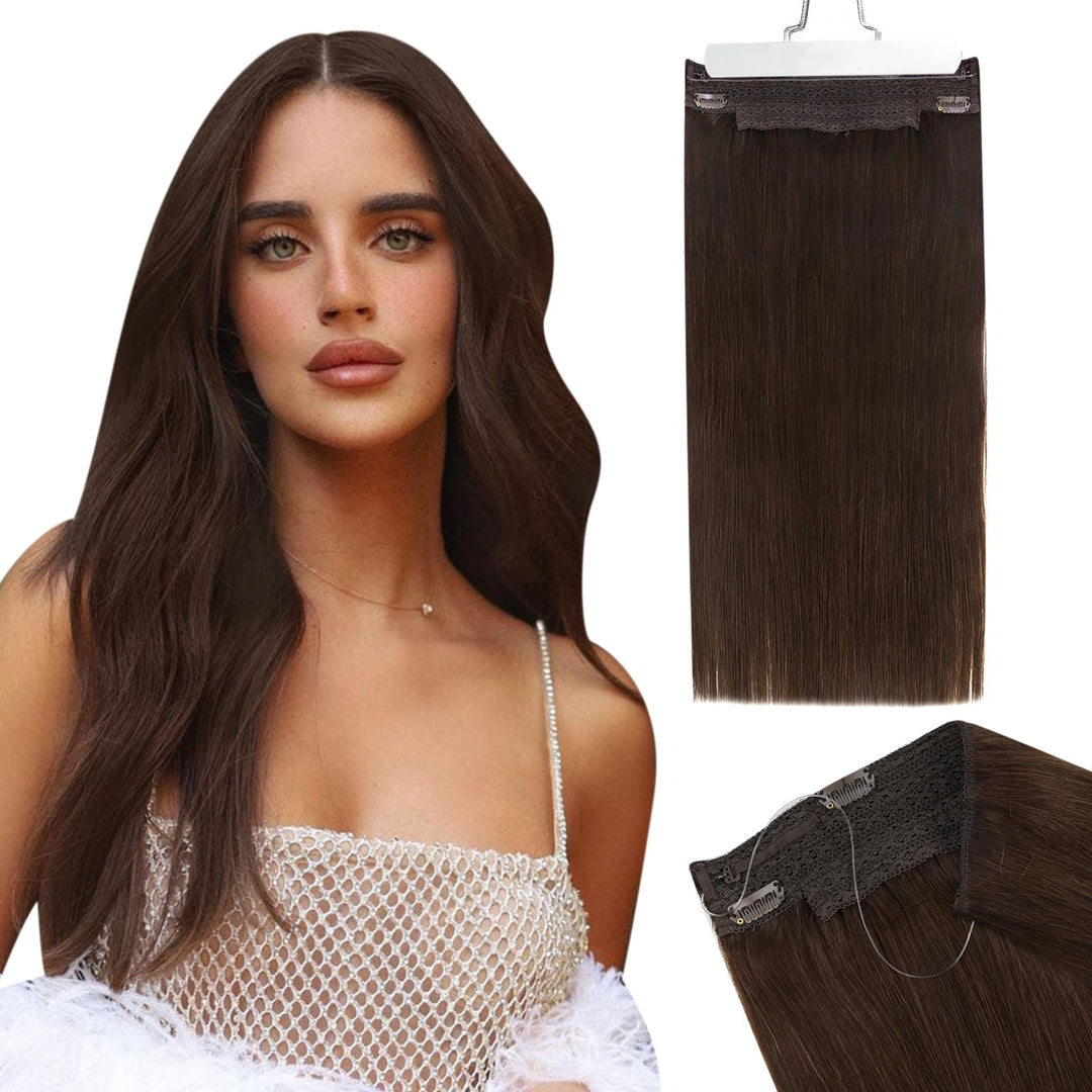 Ugeat Hair Extensions Wire Chocolate Brown Straight Human Hair Extensions Invisible Wire Fish Line Hair Extensions Real Human Ha