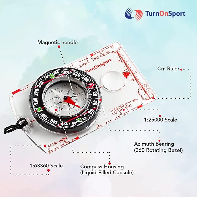 TurnOnSport Orienteering Compass - Advanced Scout Compass for Hiking, Camping, and Backpacking - Best Survival Gifts for Kids
