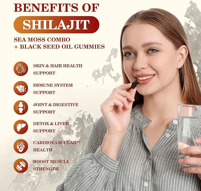 Shilajit Resin Gummies, Shilajit Irish Sea Moss Supplement with Ashwagandha, Black Seed Oil, Panax Ginseng, Honey, Shilajit Gummies with 85+ Trace Minerals & Fulvic Acid for Energy, Digestion Health