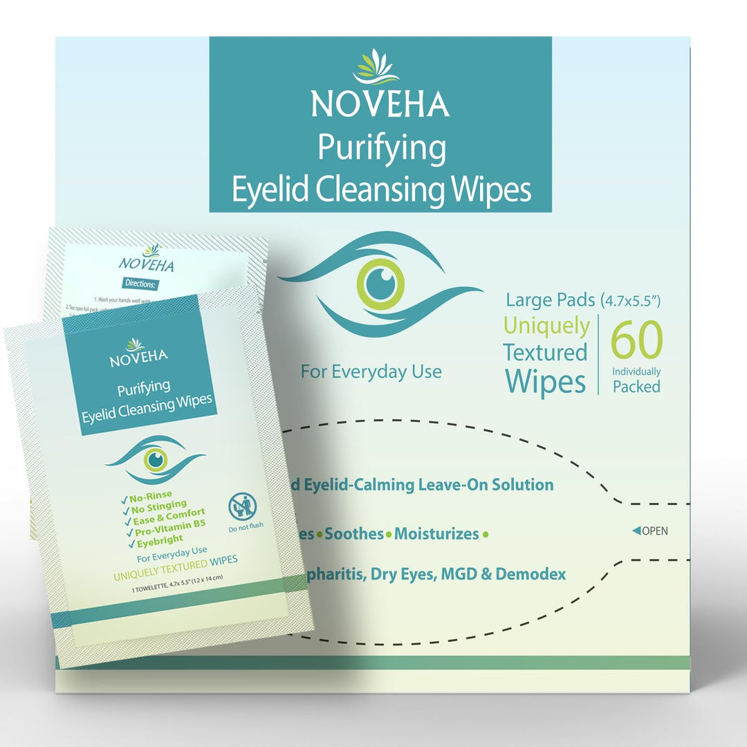NOVEHA Eyelid & Lash Wipes | For Itchy, Dry Eyes, Styes & Blepharitis, Demodex | lid and lash Cleansing Wipes, Hypoallergenic &