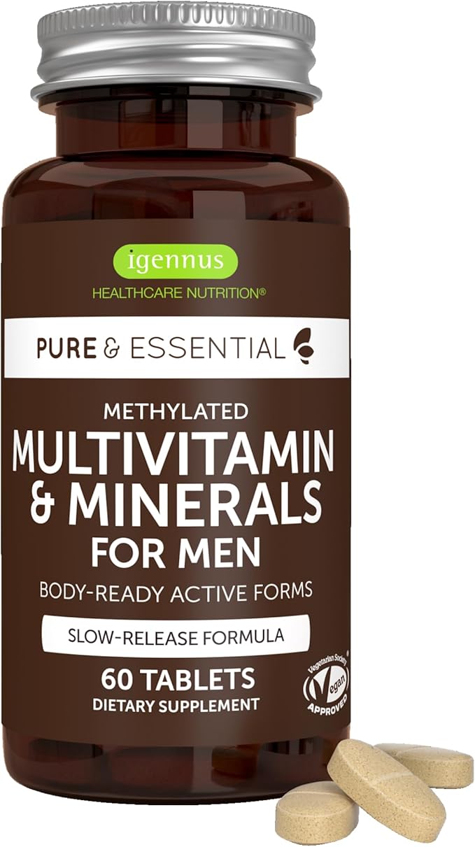 Igennus Methylated Men's Multivitamin, MTHFR Supplement with Active B-Vitamins, 22 Highly Bioavailable Nutrients, Multivitamin for Sustained Release, Clean Label, Non-GMO & Halal 60 Tablets