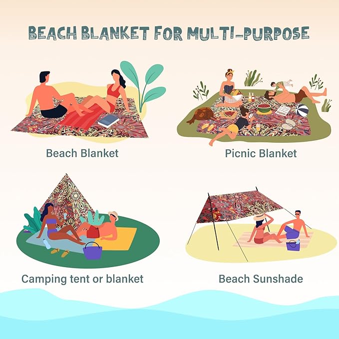 Beach Blanket Waterproof Sandproof 1-7 Adult Oversized 78 '' × 81 '' Lightweight Durable Compact Sand Free Beach Mat for Travel Camping Hiking Picnic Blanket Extra Large