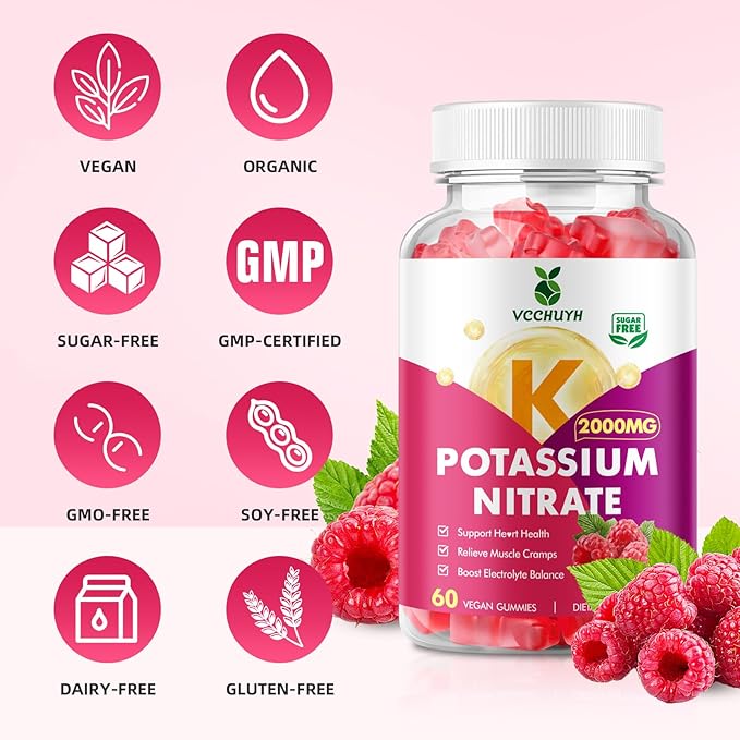 Potassium Gummies for Women & Men, High Dose Potassium Supplement 2000mg Supports Muscle Cramps & Electrolyte Balance, Raspberry Flavor 60 Count