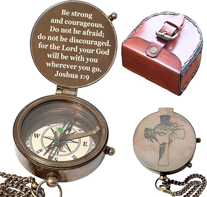 Be Strong and Courageous Brass Religious Compass Gift Confirmation Baptism Easter Christian Catholic Graduation Trekking Adventure Engraved Scripture Prayer Gift for Men Women Teenage Boys Girls