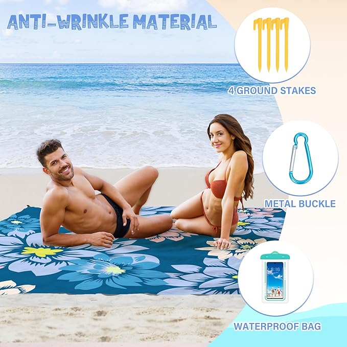 Beach Blanket Waterproof Sandproof 1-7 Adult Oversized 78 '' × 81 '' Lightweight Durable Compact Sand Free Beach Mat for Travel Camping Hiking Picnic Blanket Extra Large