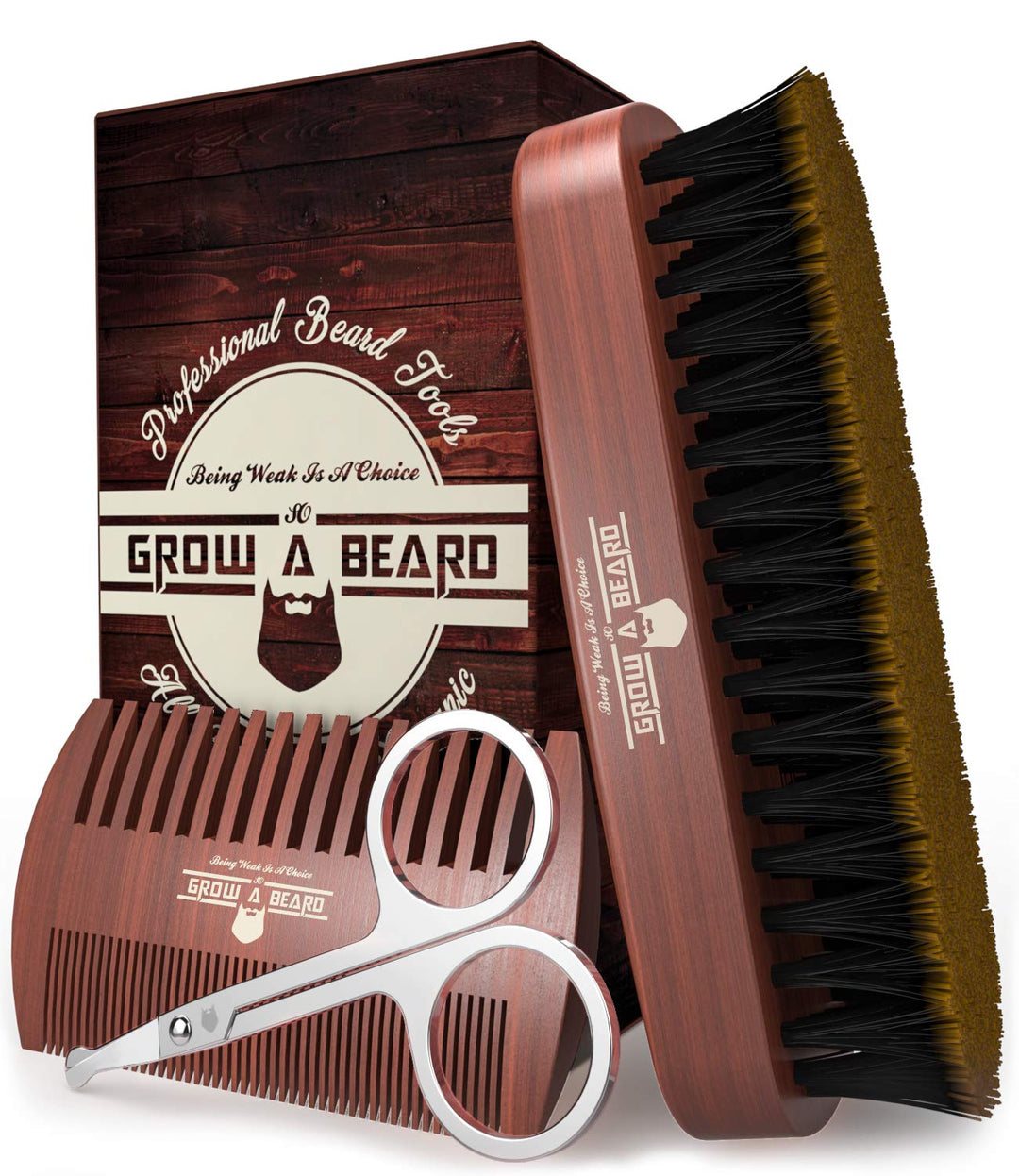 Beard Brush for Men & Beard Comb Set w/Mustache Scissors Grooming Kit, Natural Boar Bristle Brush, Dual Action Wood Comb, and Tr
