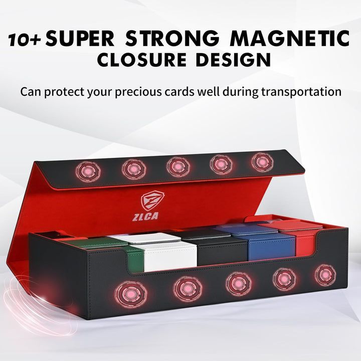 ZLCA Card Deck Box with Playmat for MTG TCG, Large Card Storage Box with 5 PCS Deck Box Holds 2400+ Unsleeved Trading Cards, Card Deck Case with Dice Tray Fits Yugioh Sports Cards (Black&Red Set)