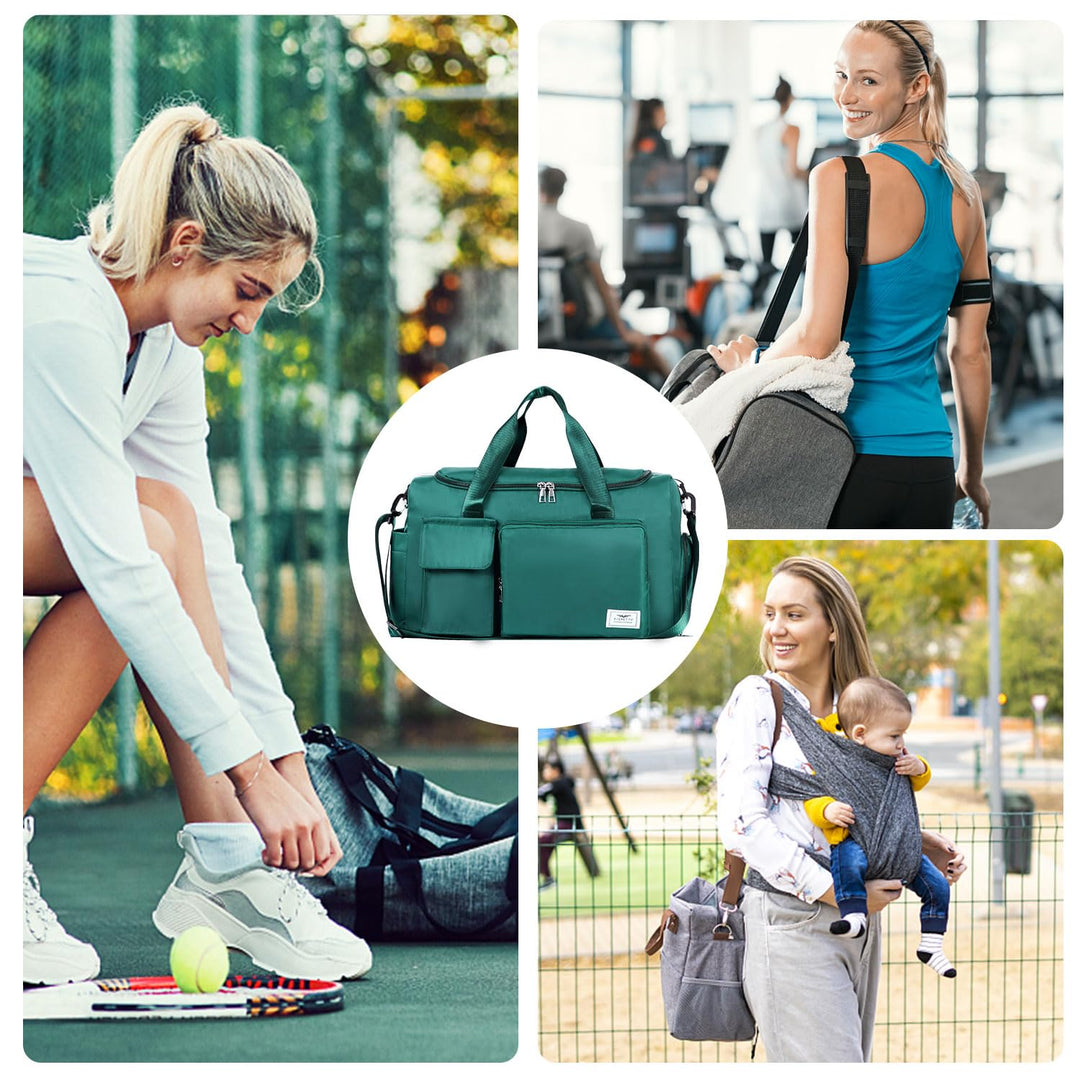 FIORETTO Women's Water-Resistant Gym Duffle Bag with Shoes Compartment, 37L Capacity, Multi-Functional, Ideal for Travel, Gym, Sports, Weekender, with Toiletry Bag, Dark Green