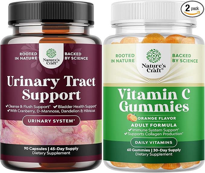 Bundle of D Mannose Capsules for Urinary Tract Health for Women Fast Acting Super Concentrated Cranberry 90ct and Chewable Vitamin C Gummies for Adults - Halal Vitamin C Immune Support Gummies