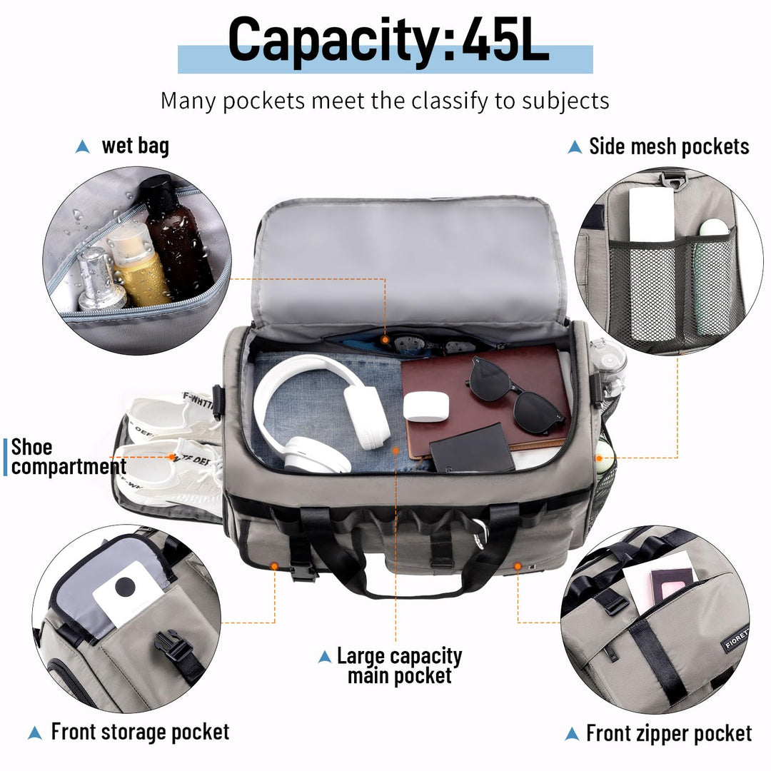 FIORETTO Women's Men's Water-Resistant Gym Duffle Bag with Shoes Compartment, 45L Capacity, Multi-Functional, Ideal for Travel, Gym, Sports, Weekender, Grey