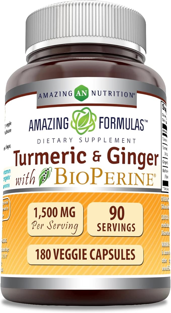 Amazing Formulas Turmeric Curcumin & Ginger with BioPerine Supplement | 1500 Mg Per Serving | 180 Veggie Capsules | Non-GMO | Gluten Free | Made in USA | Ideal for Vegetarians