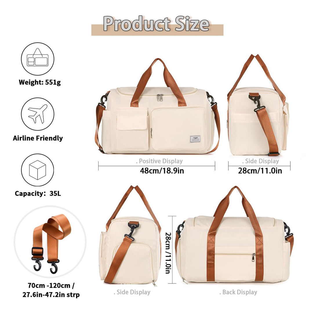 FIORETTO Women's Water-Resistant Gym Duffle Bag with Shoes Compartment, 37L Capacity, Multi-Functional, Ideal for Travel, Gym, Sports, Weekender, Beige & Brown