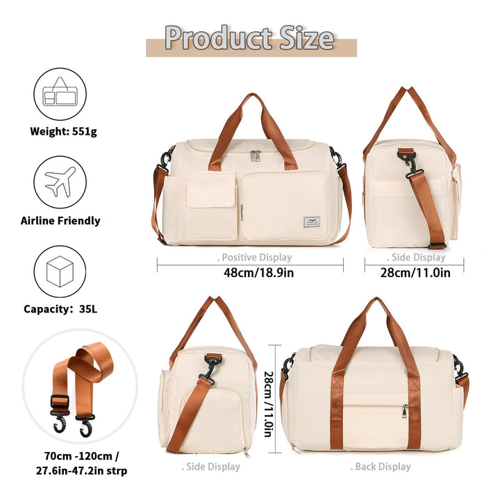 FIORETTO Women's Water-Resistant Gym Duffle Bag with Shoes Compartment, 37L Capacity, Multi-Functional, Ideal for Travel, Gym, Sports, Weekender, Beige & Brown