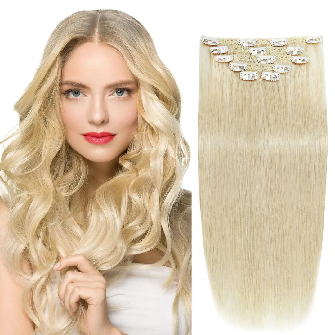 14'' Remy Human Hair Clip In Extensions For Women Thick To Ends Bleach Blonde(#613) 6Pieces 70Grams/2.45Oz