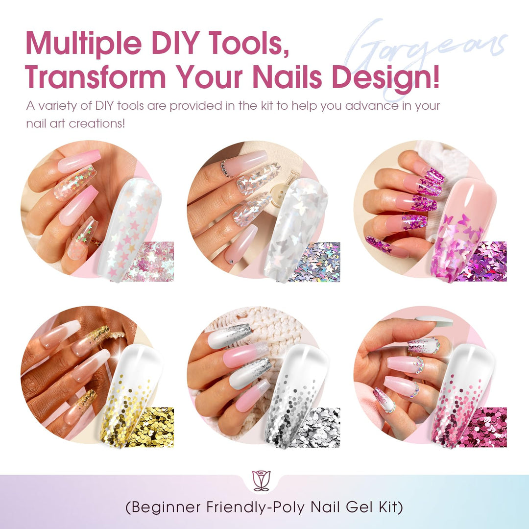 ROSALIND Poly Nail Gel Kit, 28 Colors Clear Nude Brown Poly Nail Gel Kit with U V Light Poly Nail Gel Starter Kit For All Seasons Beginner DIY at Home
